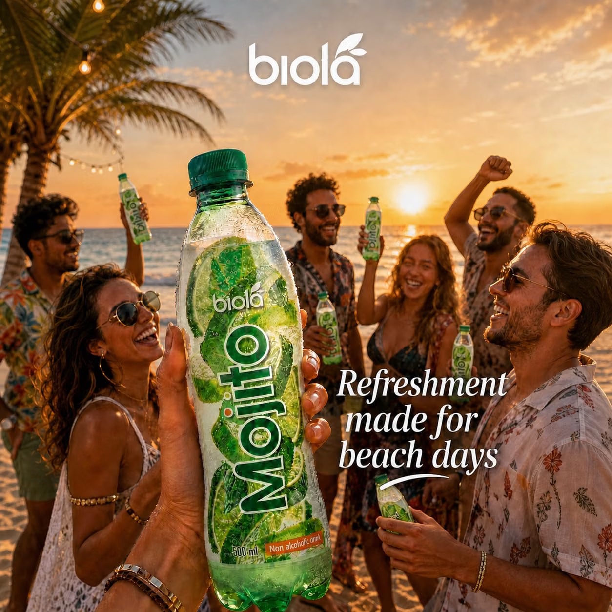 Friends sharing Biola Mojito at sunset. Refreshment made for beach days.
