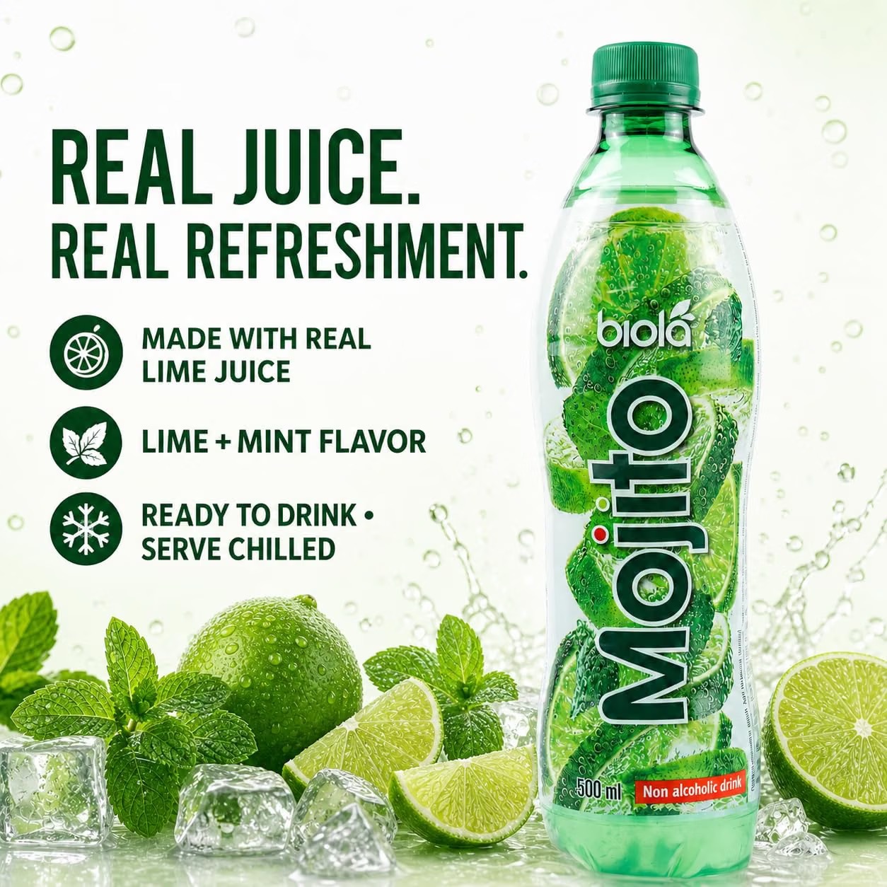 Biola Mojito: made with real lime juice, lime and mint flavor, ready to drink and serve chilled